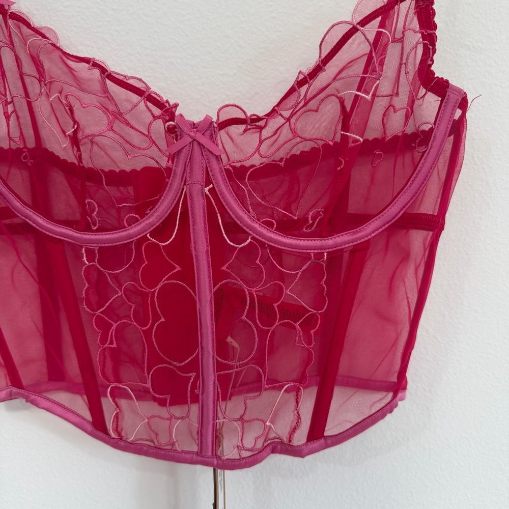 Pink Heart-Embroidered Sheer Longline Bralette - Picture 5 of 8